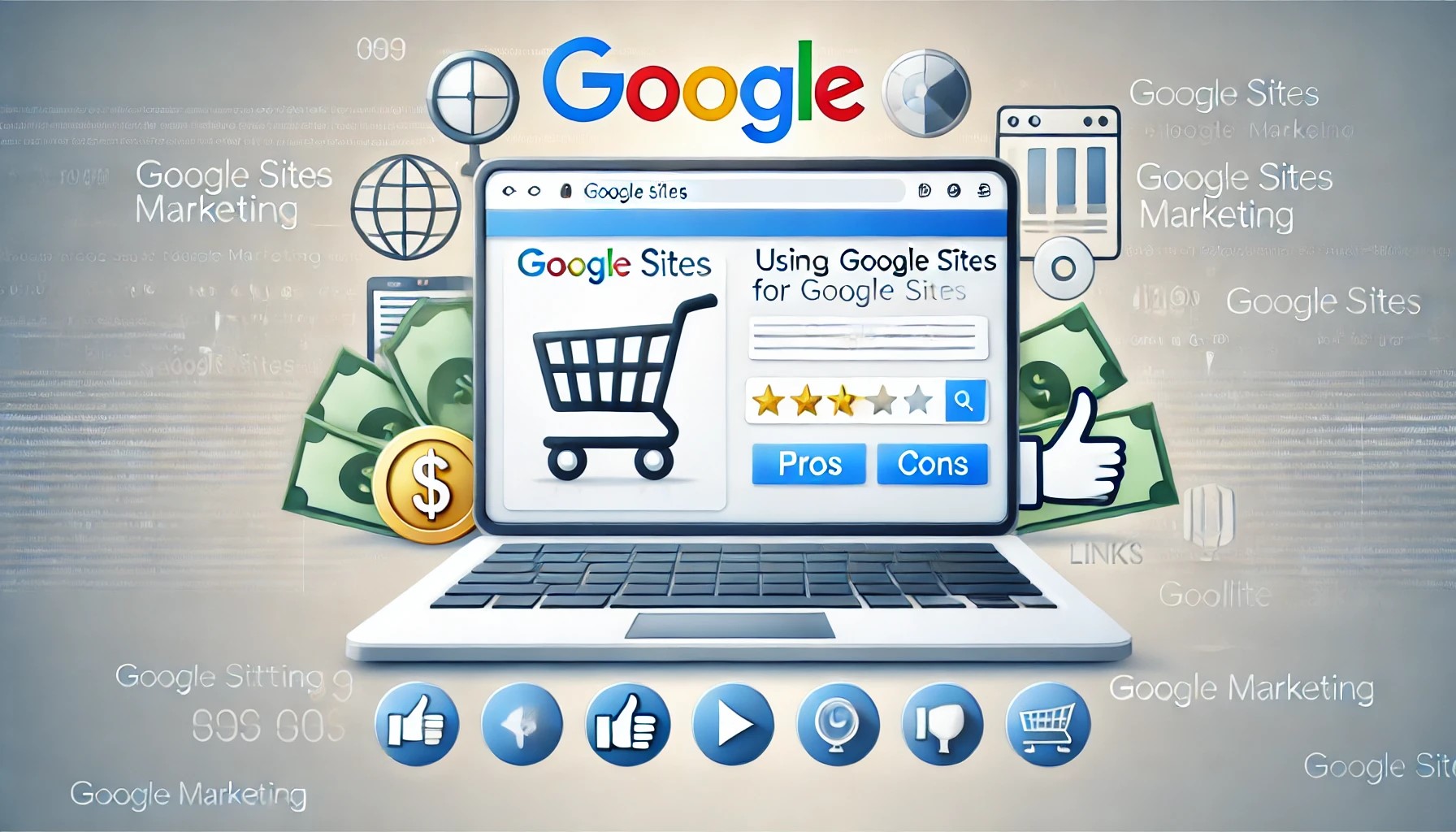 Using Google Sites for Affiliate Marketing Pros and Cons. illustration that captures the concept of using Google Sites for affiliate marketing,