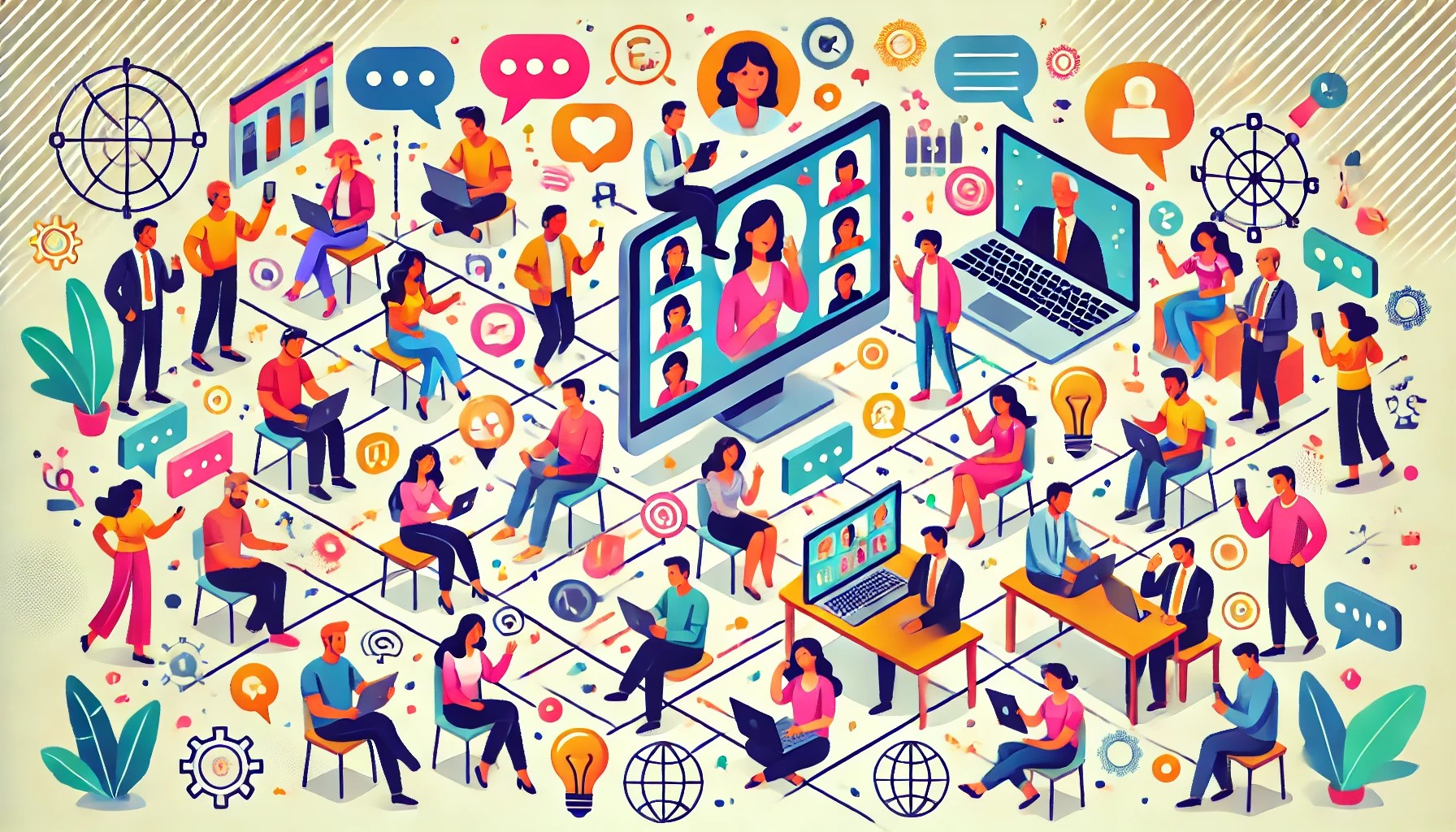 illustration of a thriving virtual community, depicting diverse individuals engaging online through various devices how do you grow a virtual community