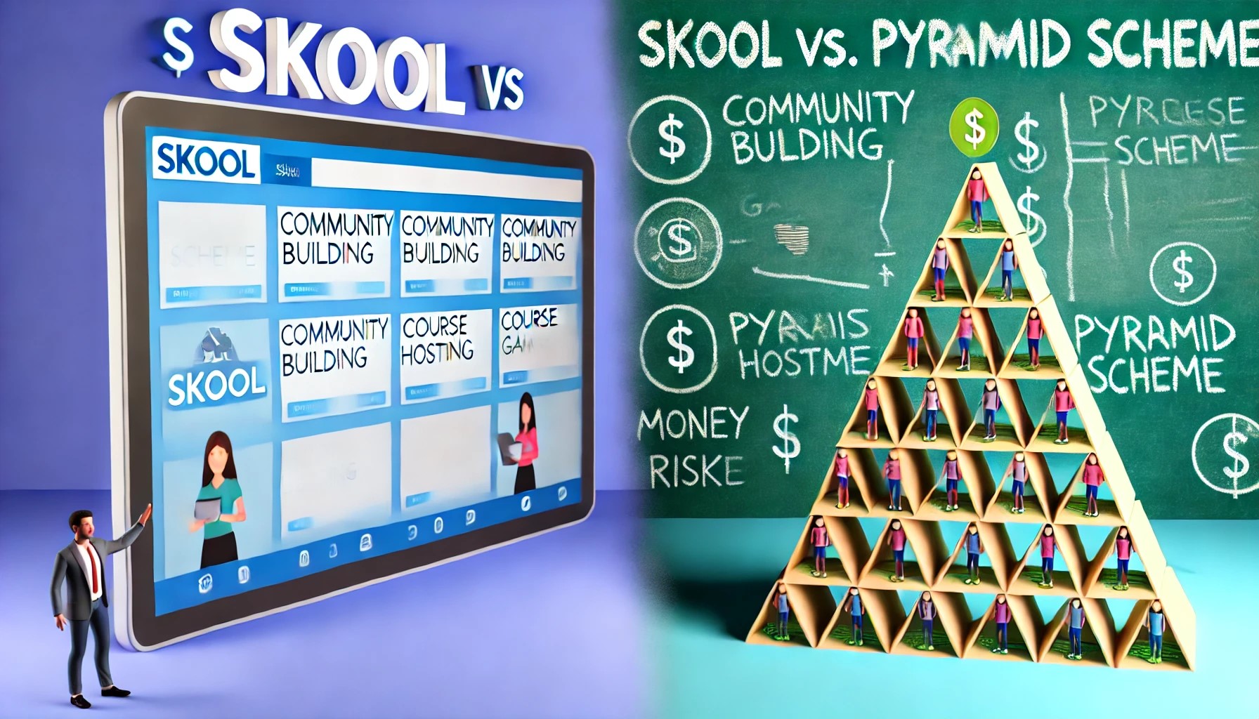 an image illustrating the concept of Skool versus a pyramid scheme. is skool a pyramid scheme