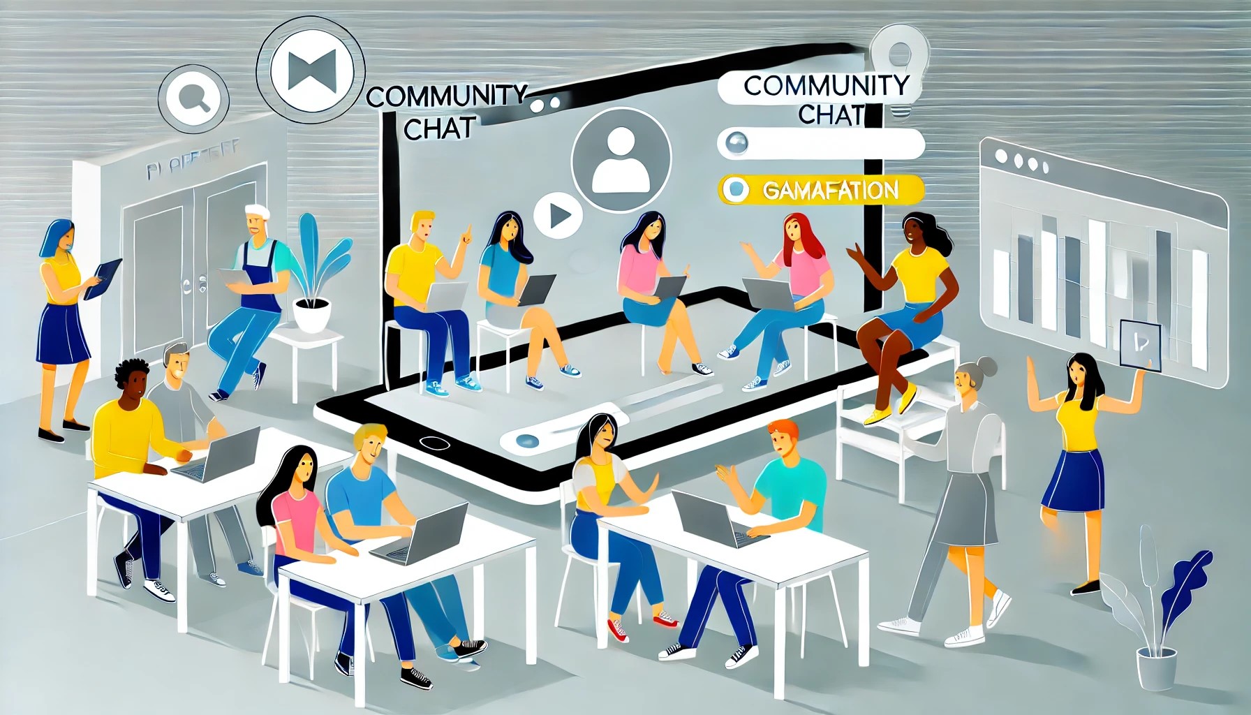 why use skool? visually represents a diverse group of people engaging with a digital platform