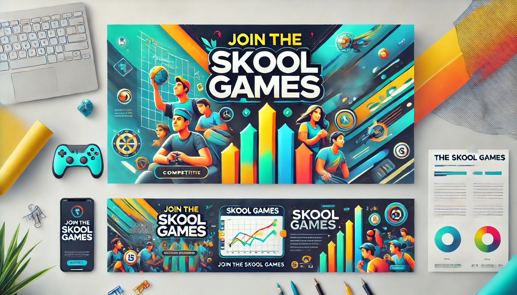 Skool Games. banner for promoting the Skool Games, designed to be vibrant and eye-catching with elements that convey competition, growth, and community engagement.