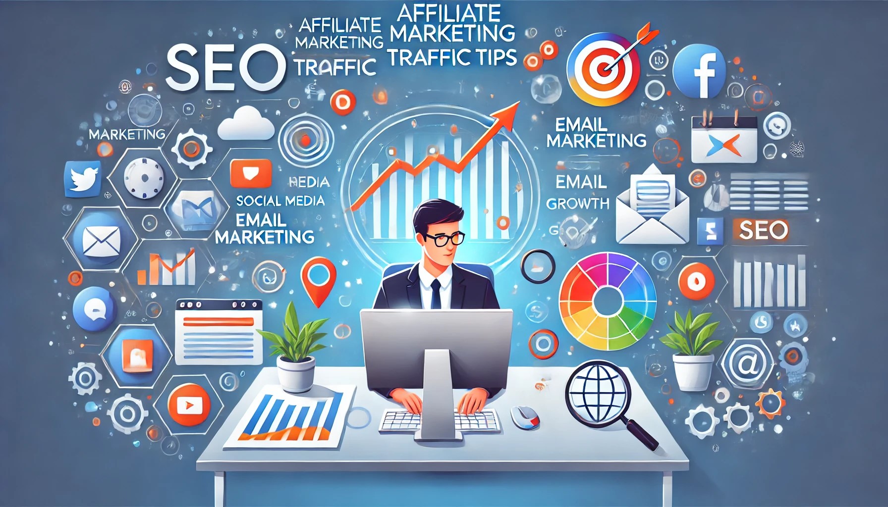 affiliate marketing traffic tips. idea with elements like a digital marketer at a desk, surrounded by icons for SEO, social media, email marketing, and analytics