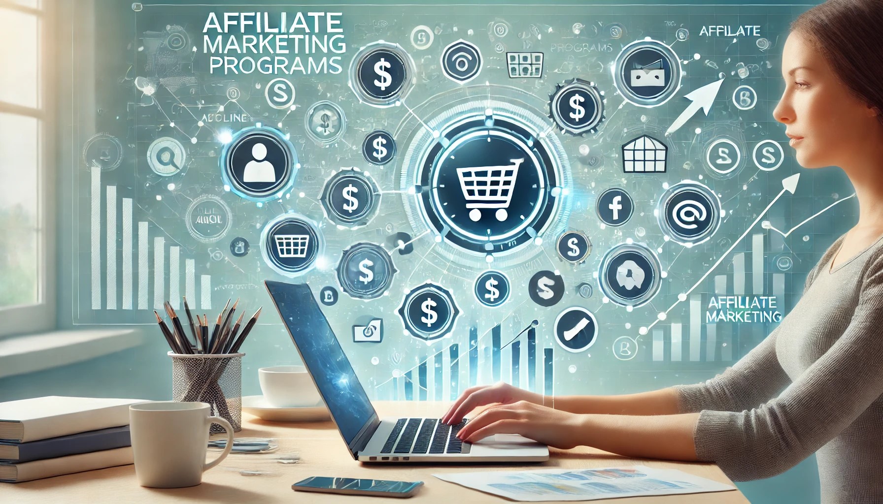 are affiliate marketing programs legit a person working at a laptop, with floating icons that symbolize online marketing and growth,