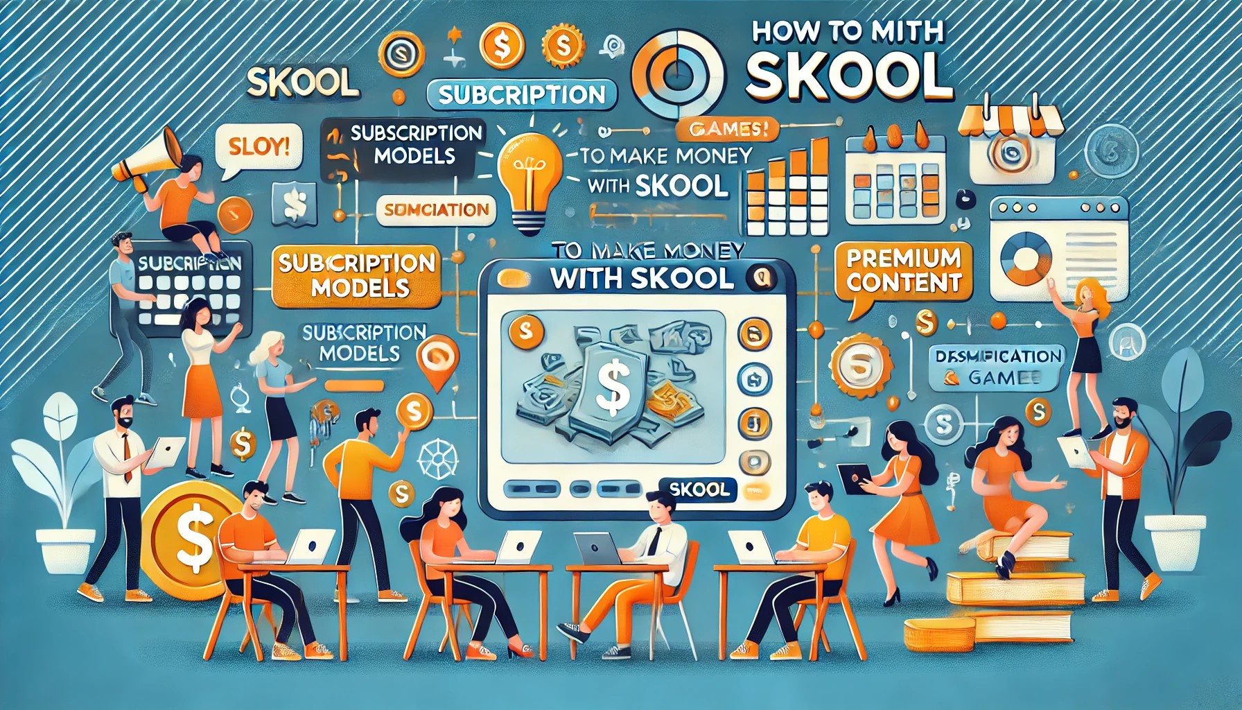 how to make money with skool visually represents subscription models, premium content, and gamification