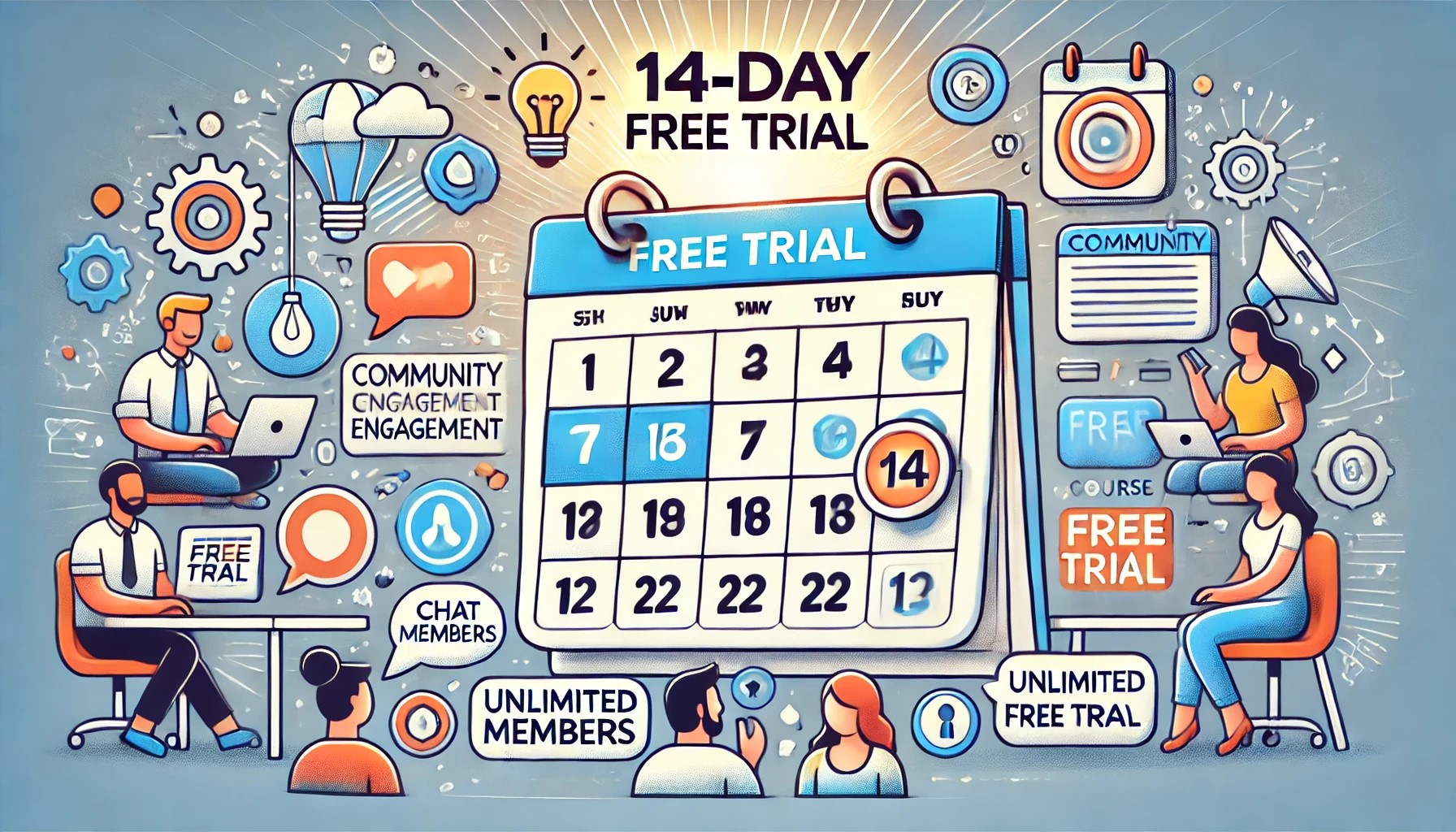 is skool free? image illustrating the concept of Skool's 14-day free trial, with visuals representing community engagement, course modules, and gamification.