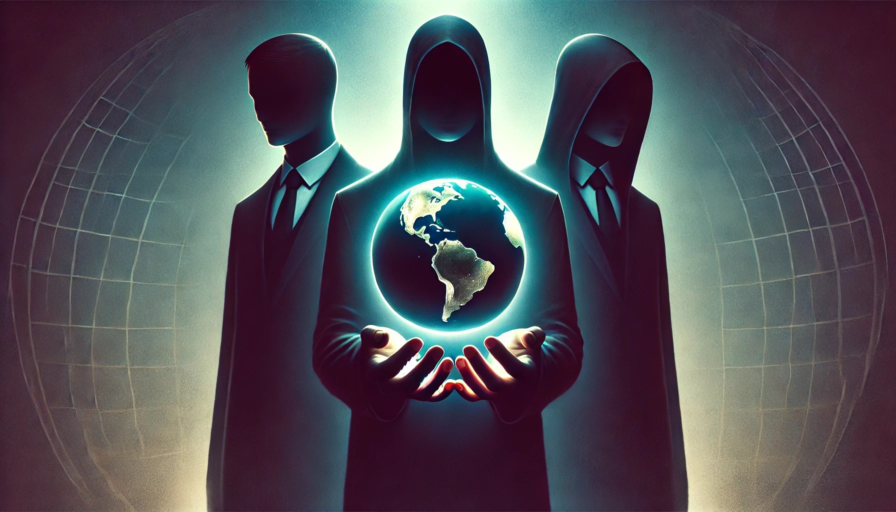 who owns skool? three shadowy figures holding the world in the palms of their hands, representing power and mystery