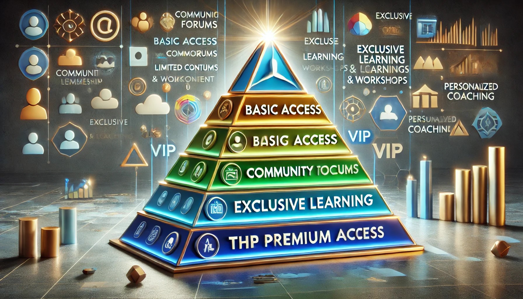 Can I increase value with membership levels. It visually represents the different levels of membership, from basic access to premium VIP engagement, with distinct colors and icons for each tier