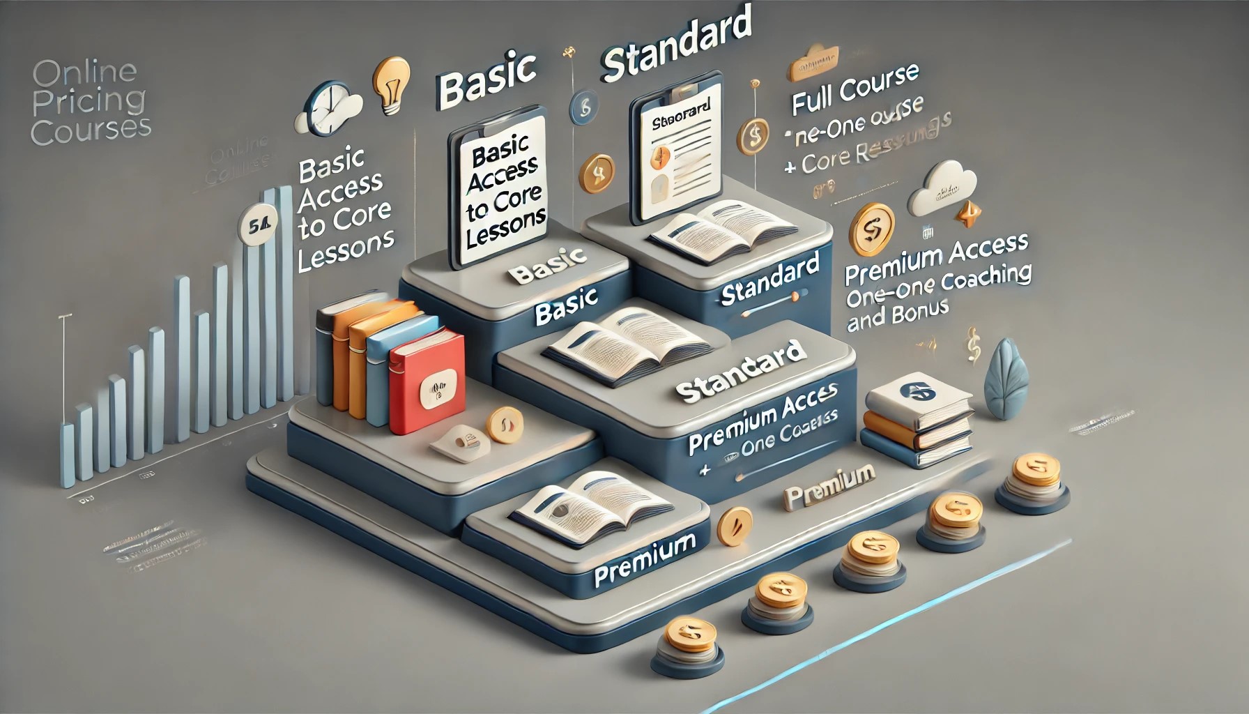 Pricing Strategies for Tiered Courses, image showcasing the tiered pricing model for online courses with the three tiers: Basic, Standard, and Premium.