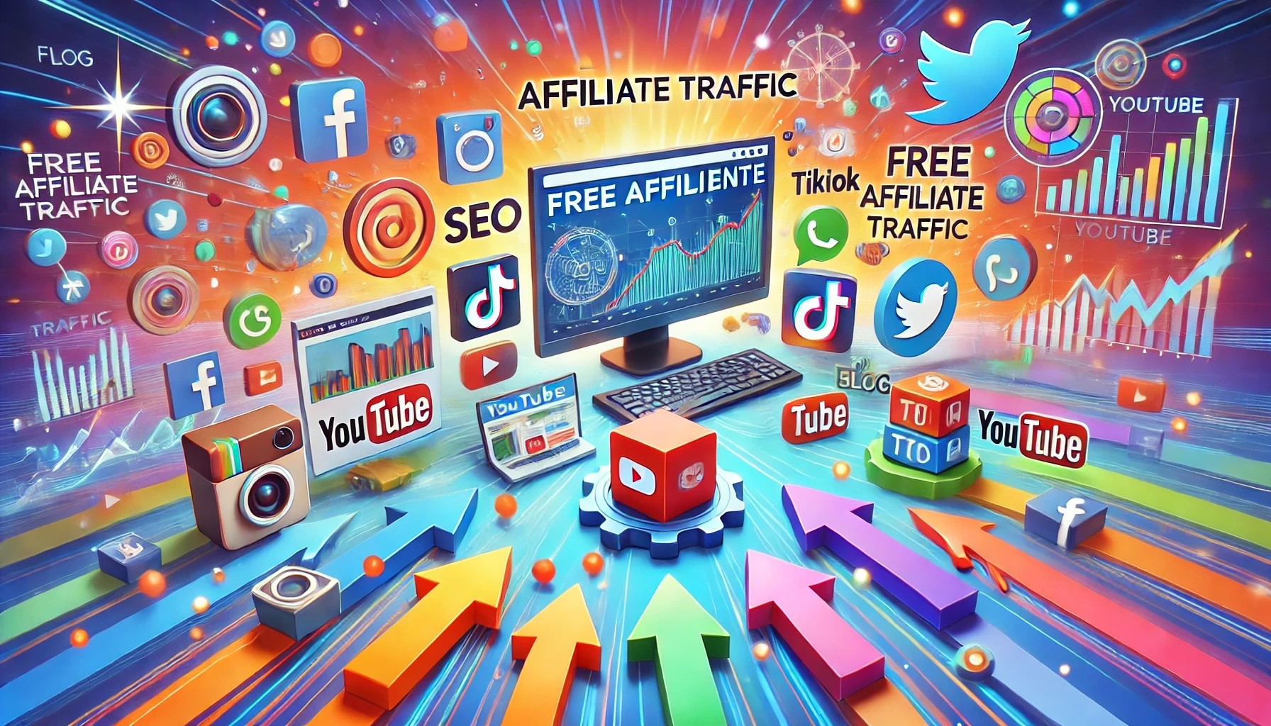 how do i get free affiliate traffic image that represents the flow of free affiliate traffic through multiple platforms like SEO, social media (Instagram, TikTok, Twitter), YouTube, and analytics charts, all driving traffic to a central blog