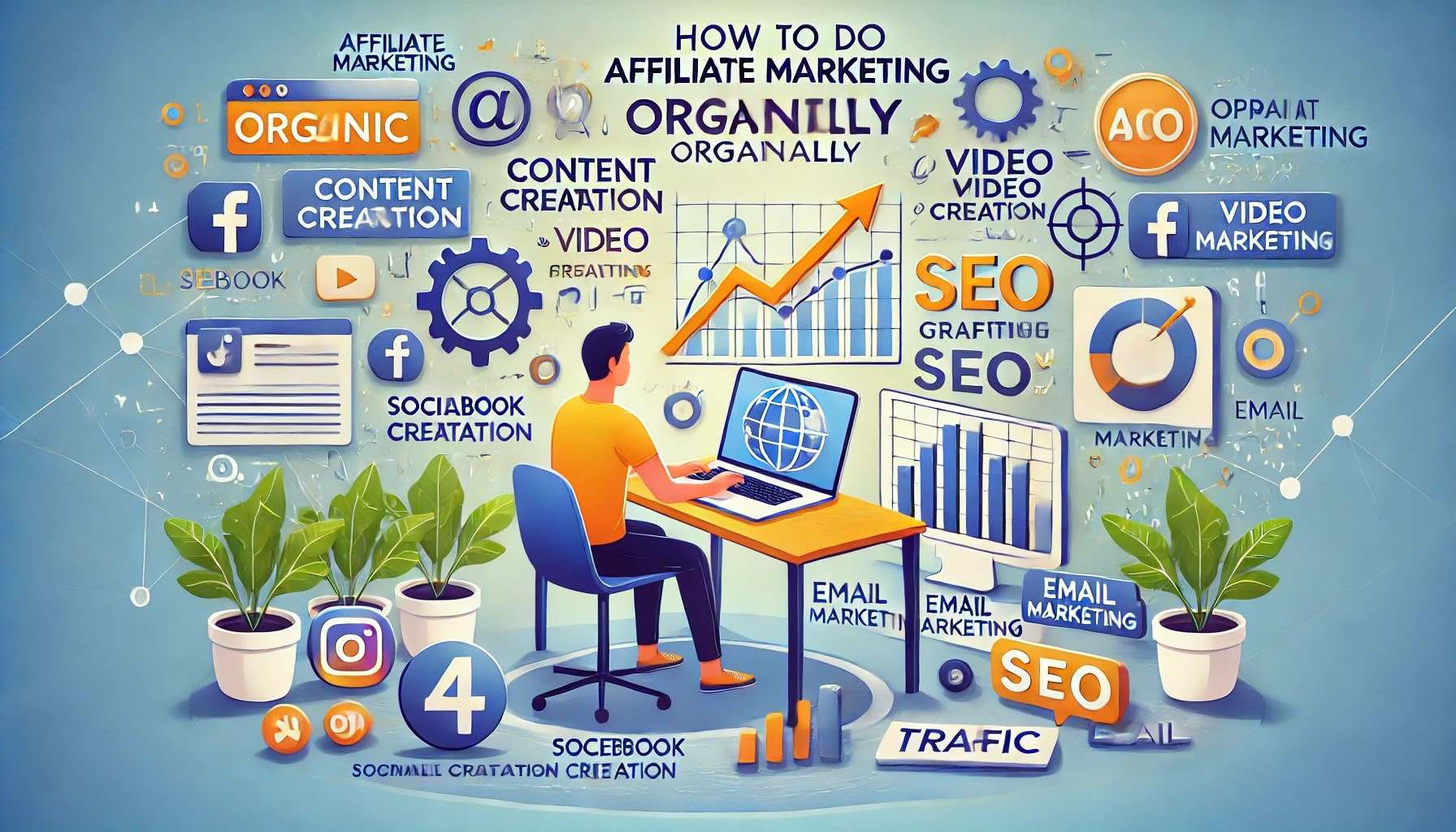 how to do affiliate marketing organically image that represents how to do affiliate marketing organically, featuring various elements such as blogging, social media, SEO growth, and email marketing