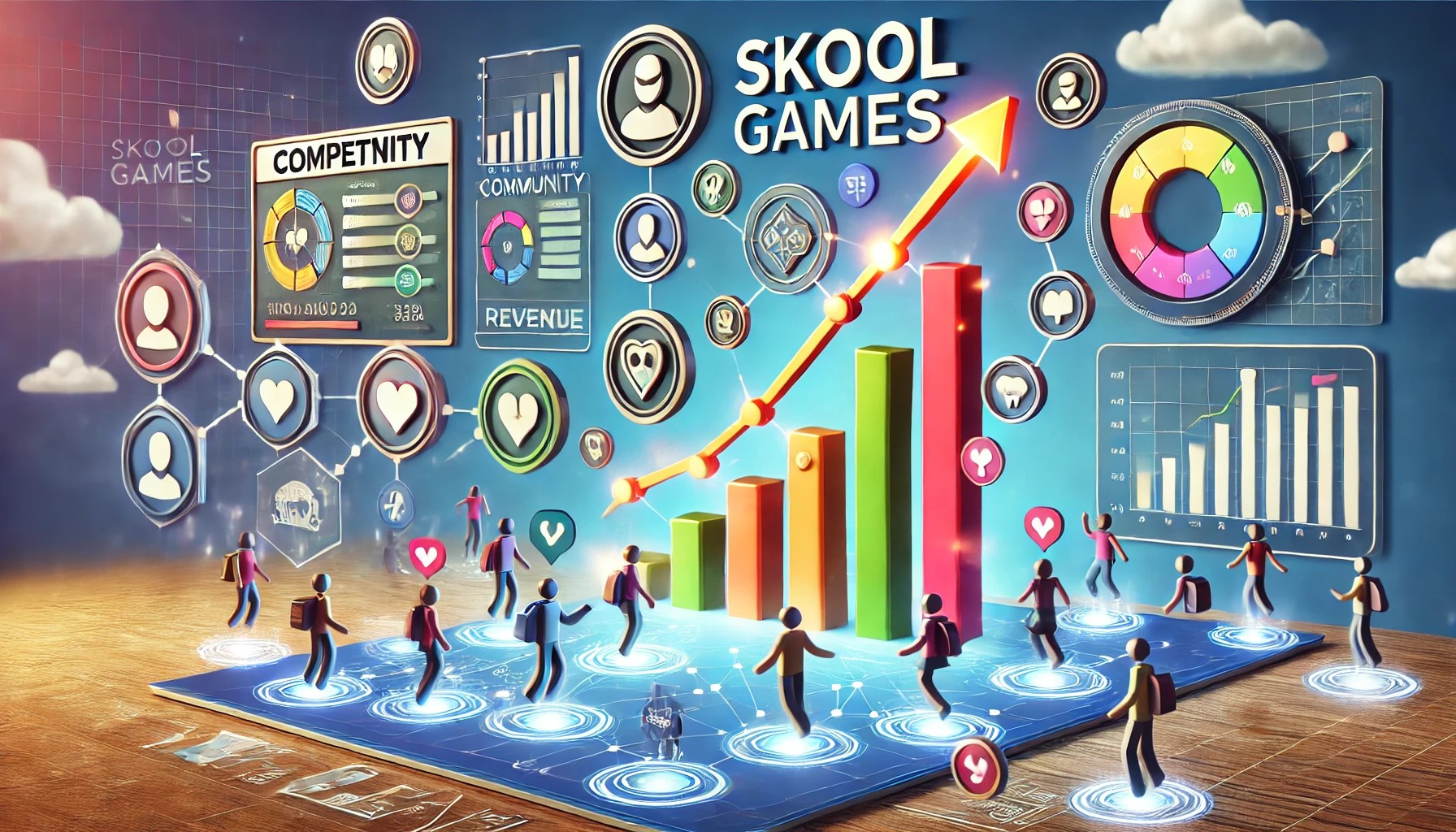 how to win skool games. capturing the concept of the Skool Games competition. It includes elements like leaderboards, community growth, and badges representing achievements