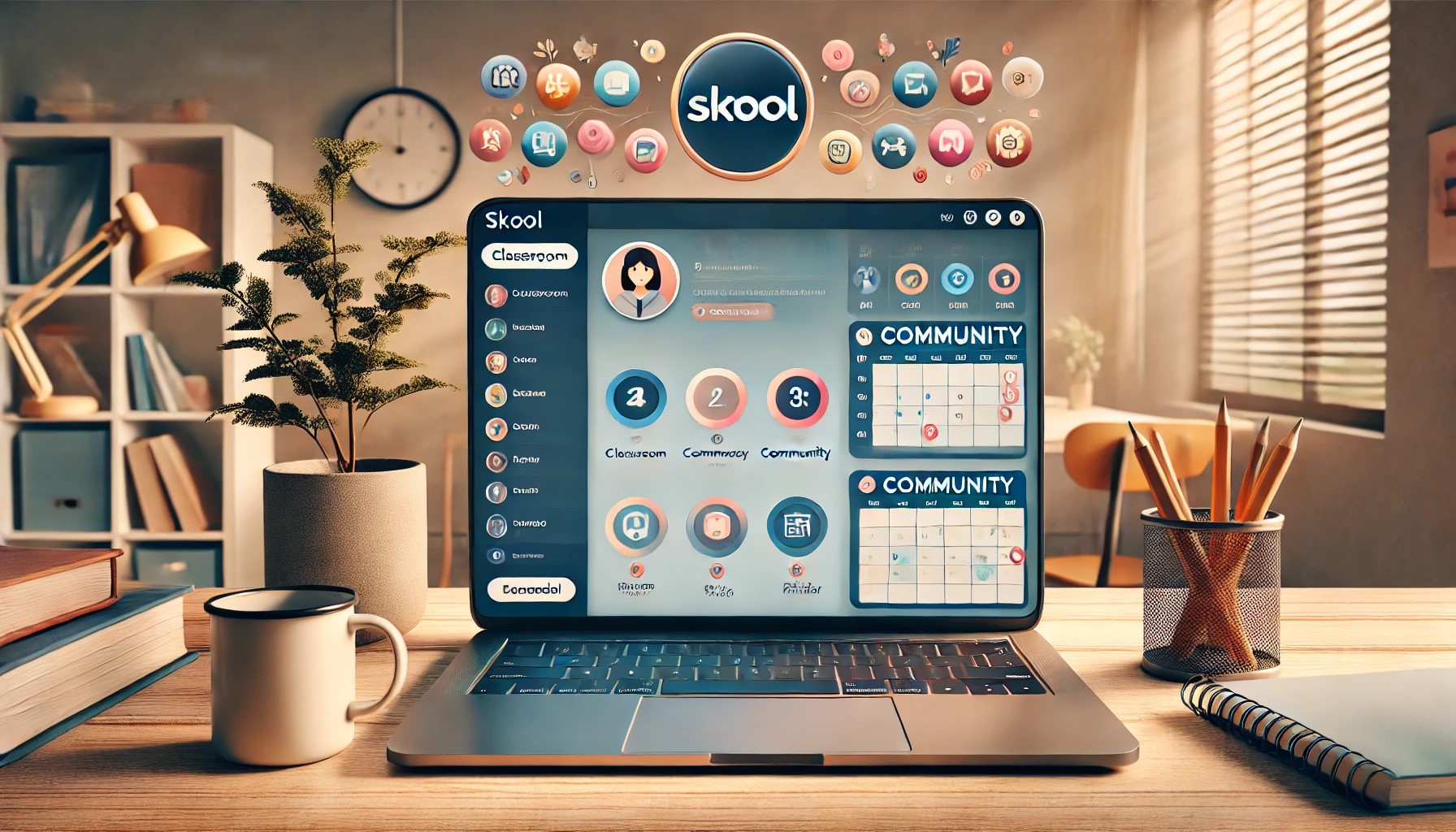 what does skool offer. image showcasing Skool's online community platform, designed with the clean, functional workspace you described.